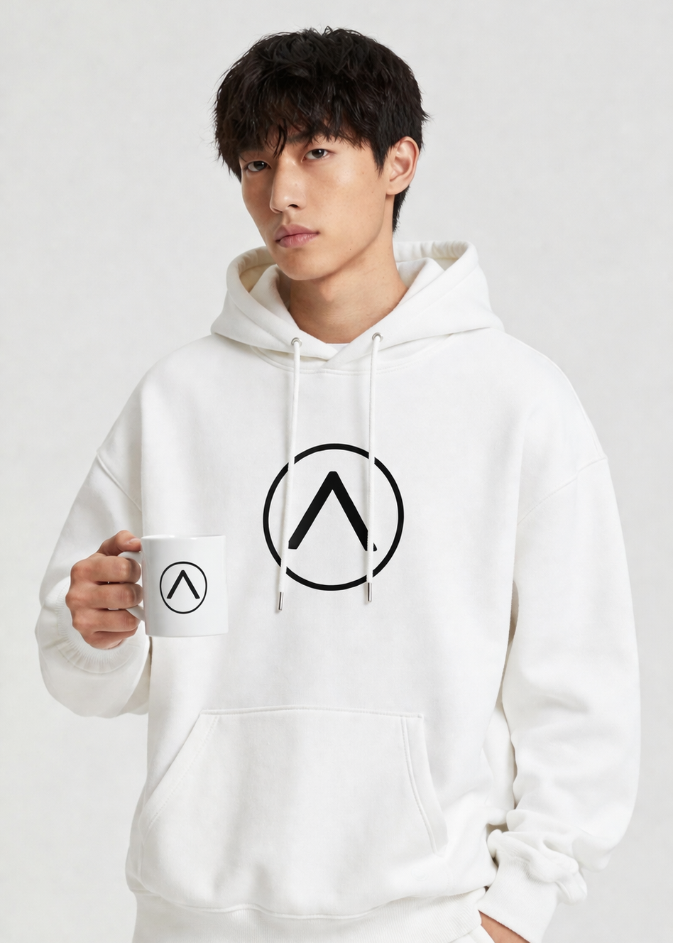 Person wearing a white hoodie with a logo, holding a matching mug against a plain background
